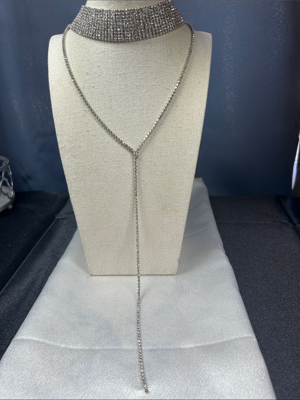 Silver Crystal Choker with Y-Lariat Necklace